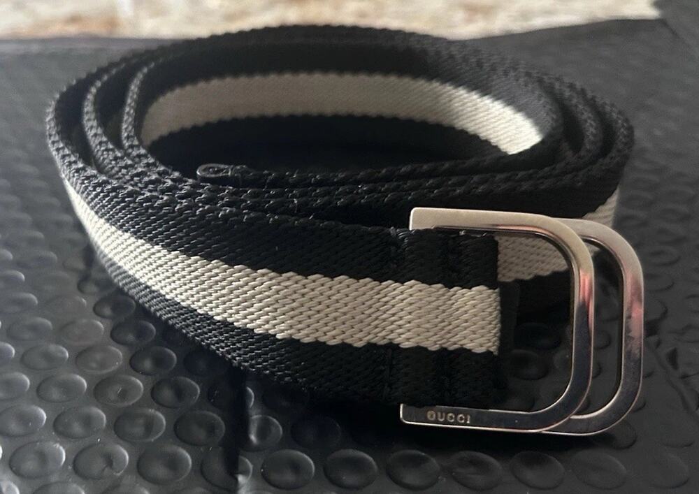 AUTHENTIC GUCCI BLACK & BEIGE STRIPED CANVAS WEB D-RING BELT SZ 32” WAIST
